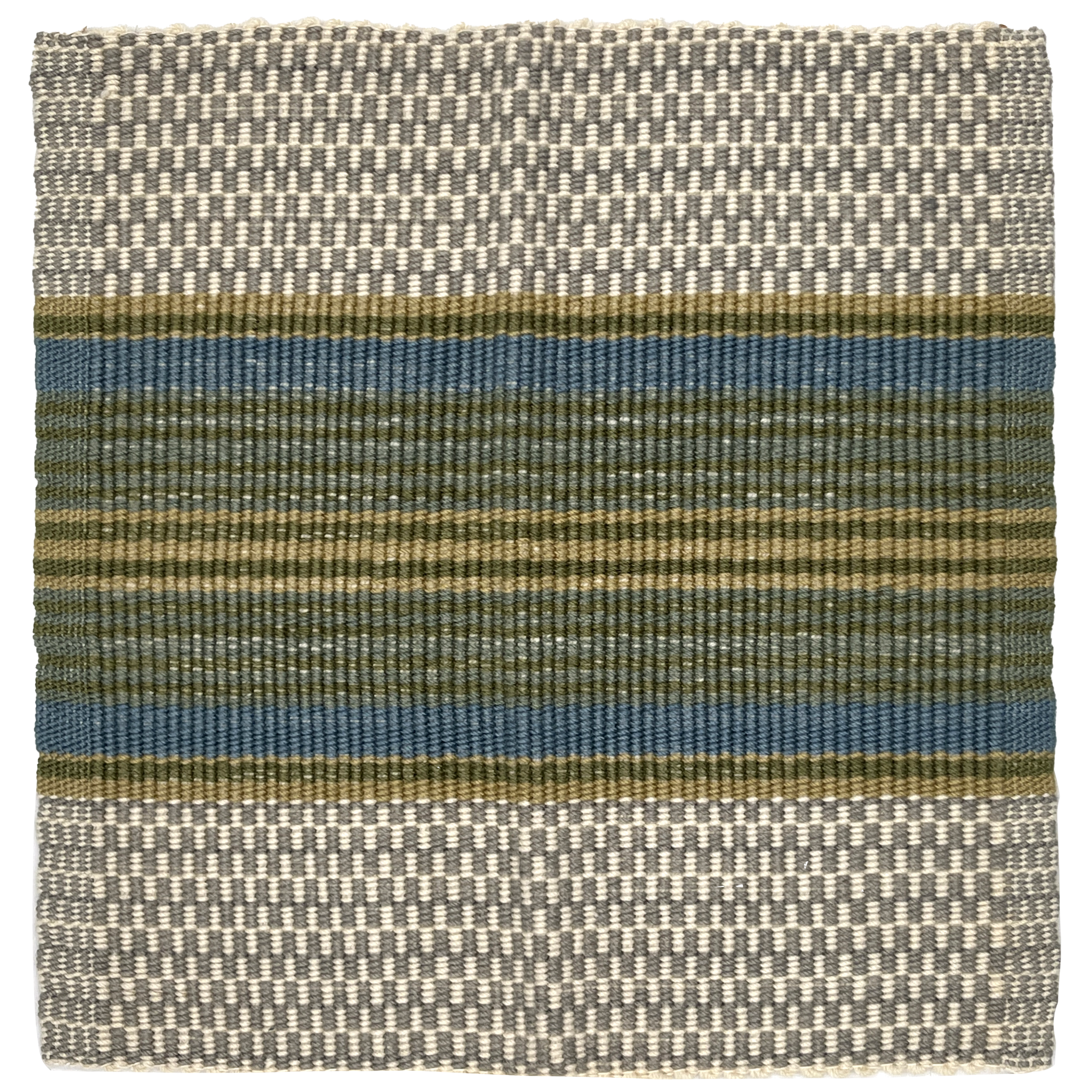 Woven rug with horizontal stripes in blue, green, and gray on a white background