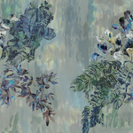 Detail of fabric in a painterly botanical print in shades of blue, green and purple.