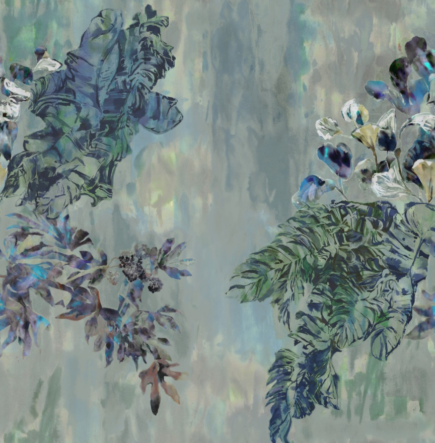 Detail of fabric in a painterly botanical print in shades of blue, green and purple.