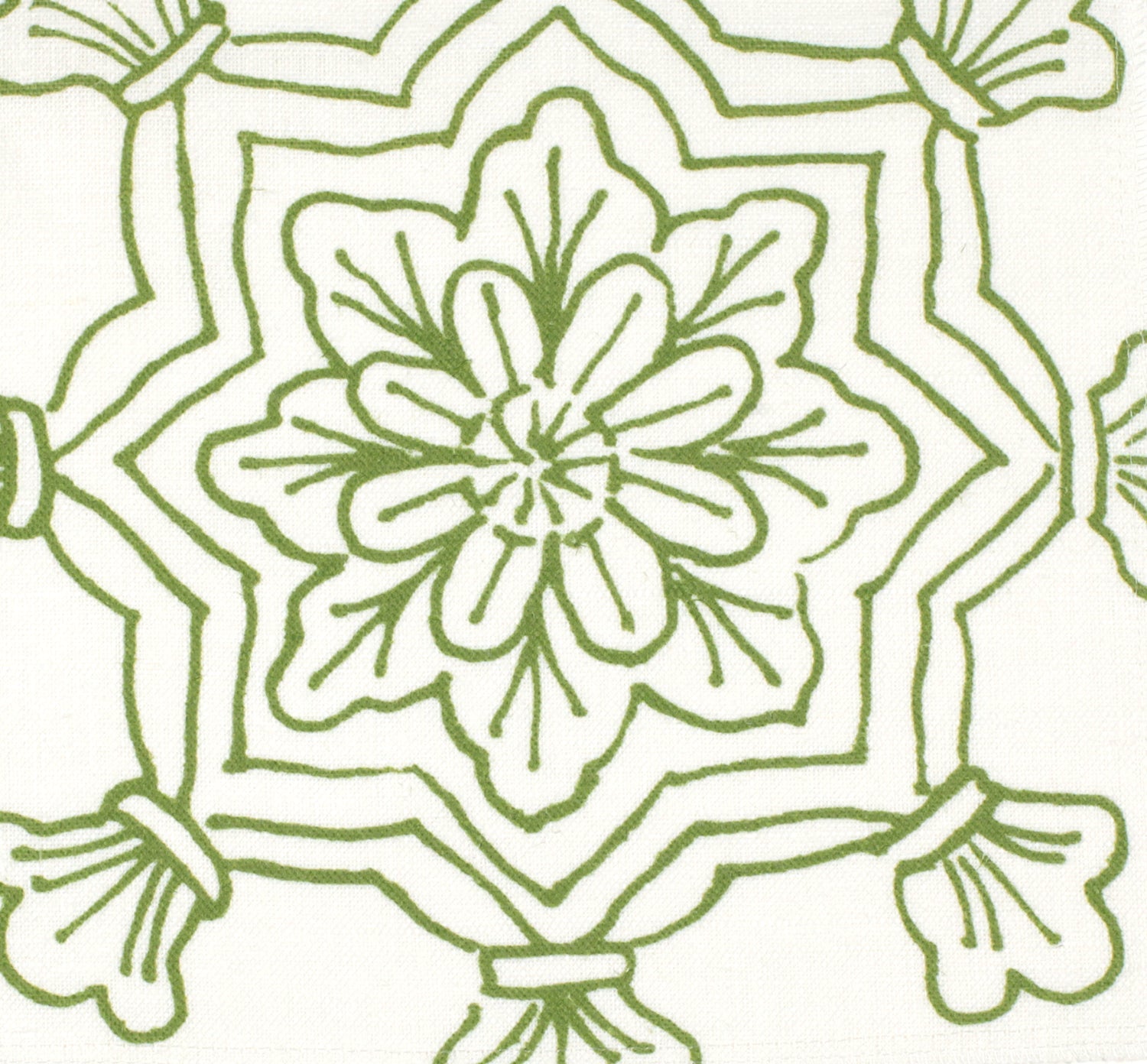 Detail of fabric in a floral medallion print in green on a white field.