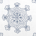 Detail of fabric in a floral medallion print in navy on a white field.