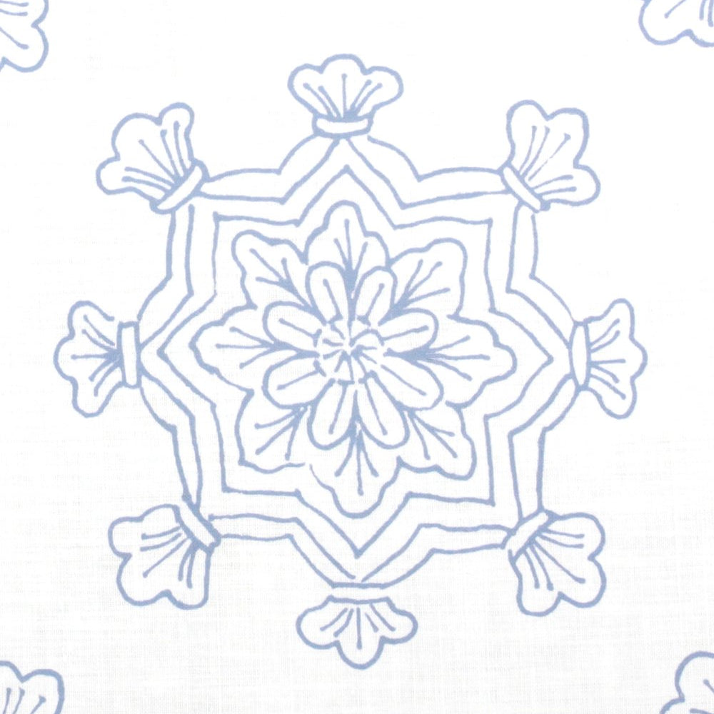 Detail of fabric in a floral medallion print in light blue on a white field.