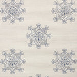 Detail of fabric in a floral medallion print in navy on a cream field.