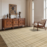 Living room with wooden sideboard, chair, and decorative items on a patterned rug.