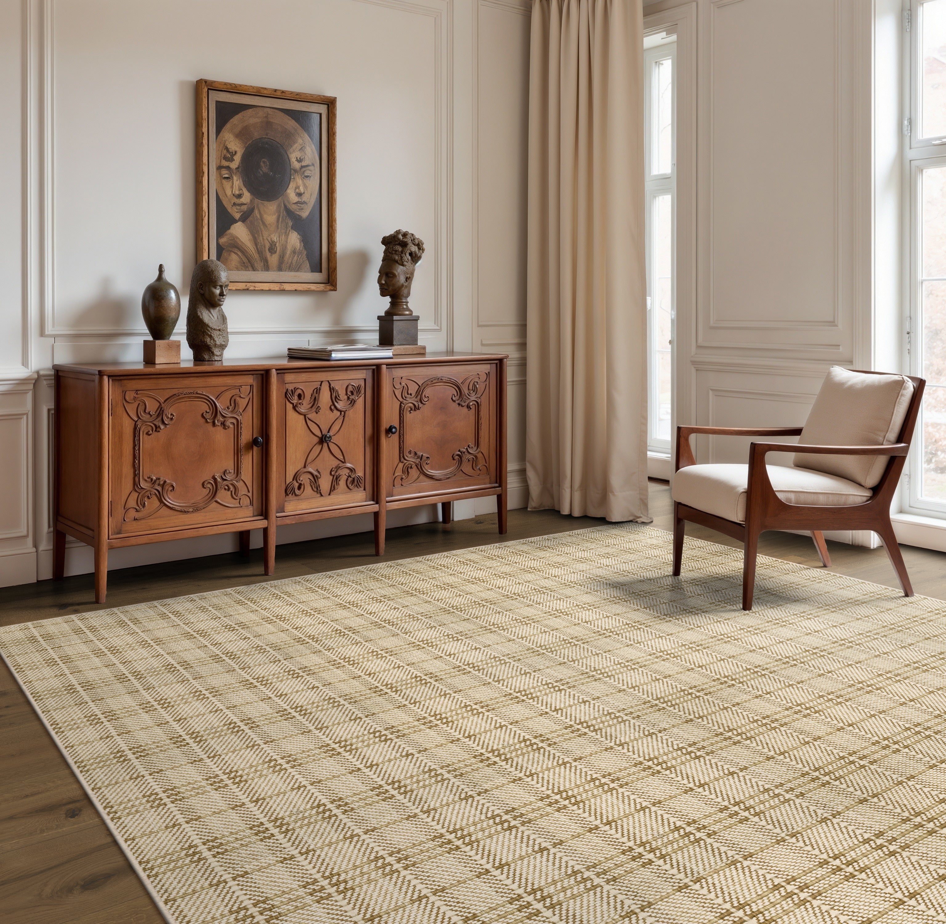Living room with wooden sideboard, chair, and decorative items on a patterned rug.