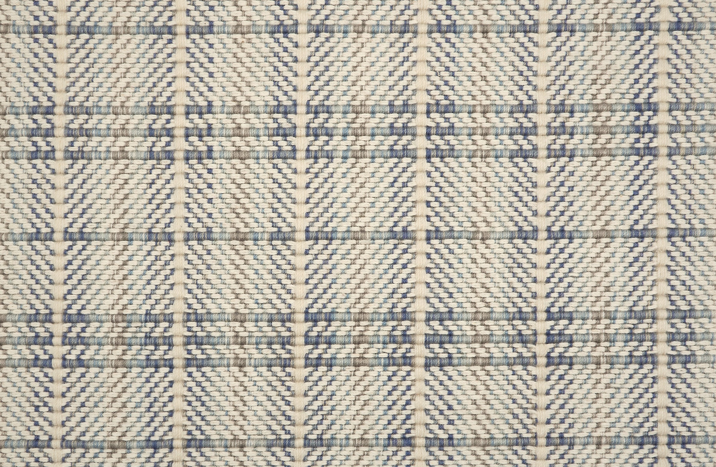 Plaid pattern broadloom with blue and beige on a herringbone patterned background.
