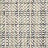 Plaid pattern broadloom with blue and beige on a herringbone patterned background.
