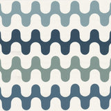 Detail of wallpaper in a playful curving stripe print in shades of green, blue and gray on a white field.