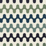 Detail of fabric in a playful curving stripe print in shades of green, blue and brown on a white field.