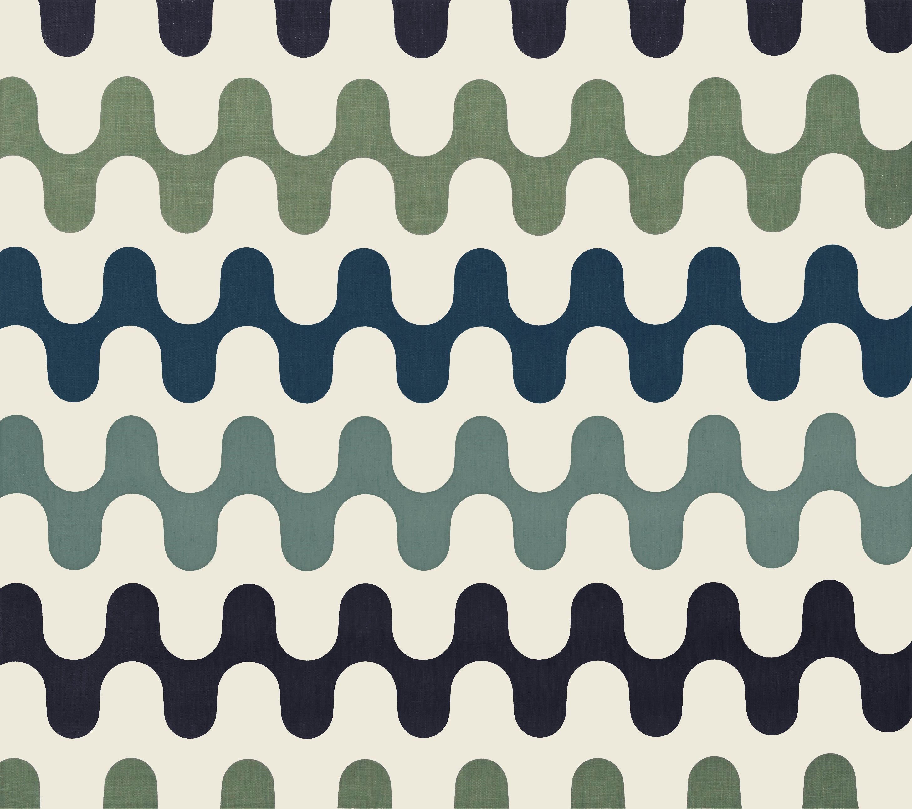 Detail of fabric in a playful curving stripe print in shades of green, blue and brown on a white field.