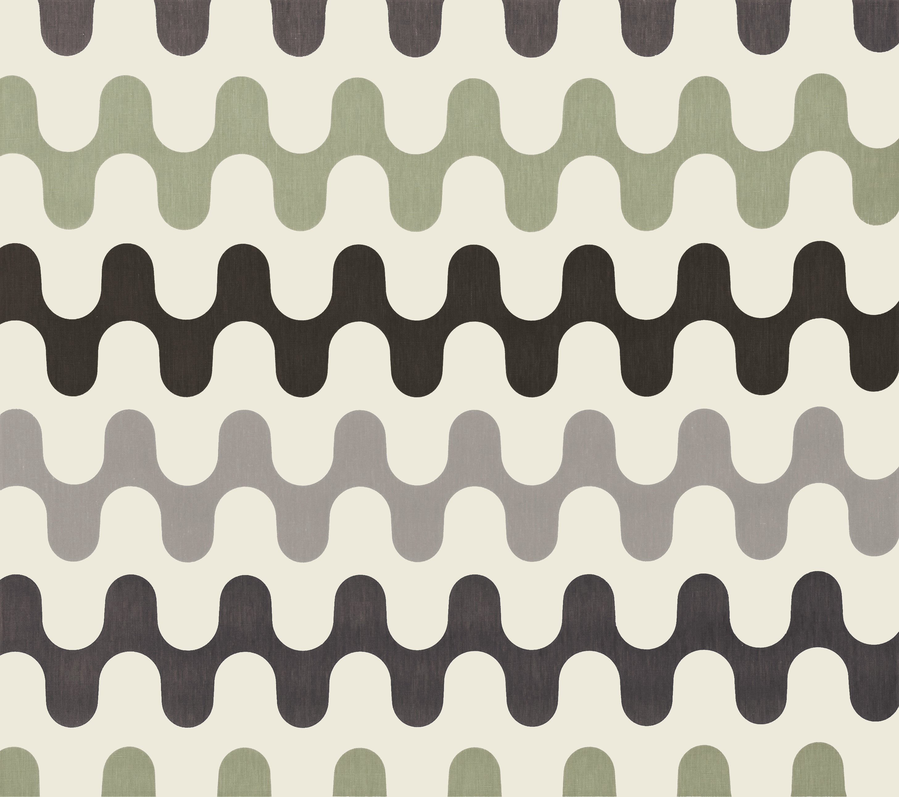 Detail of fabric in a playful curving stripe print in shades of green and gray on a white field.