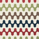 Detail of fabric in a playful curving stripe print in shades of red, green and brown on a white field.