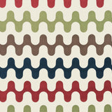 Detail of fabric in a playful curving stripe print in shades of red, green and brown on a white field.