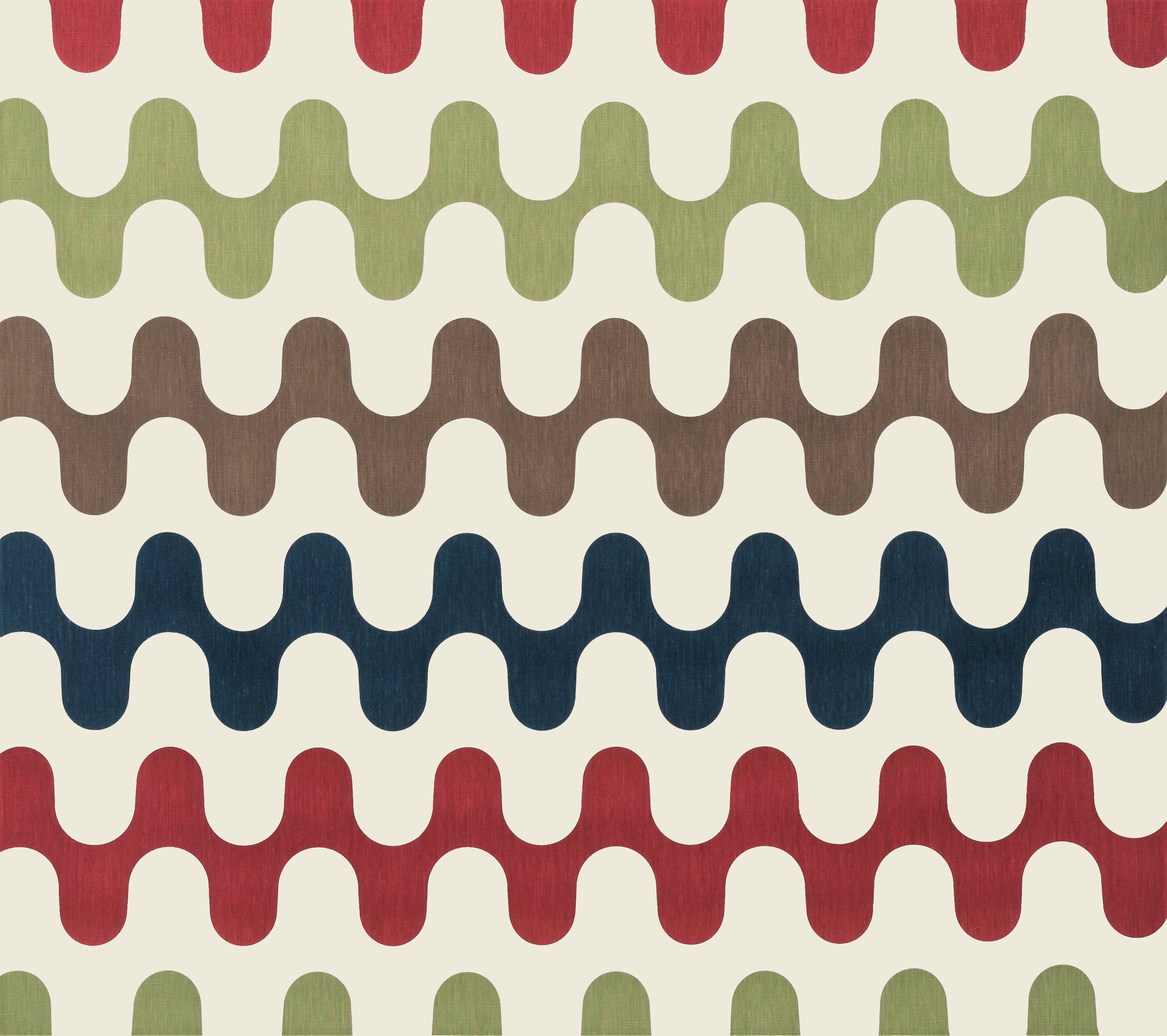 Detail of fabric in a playful curving stripe print in shades of red, green and brown on a white field.