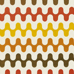 Detail of fabric in a playful curving stripe print in shades of red, yellow and orange on a white field.