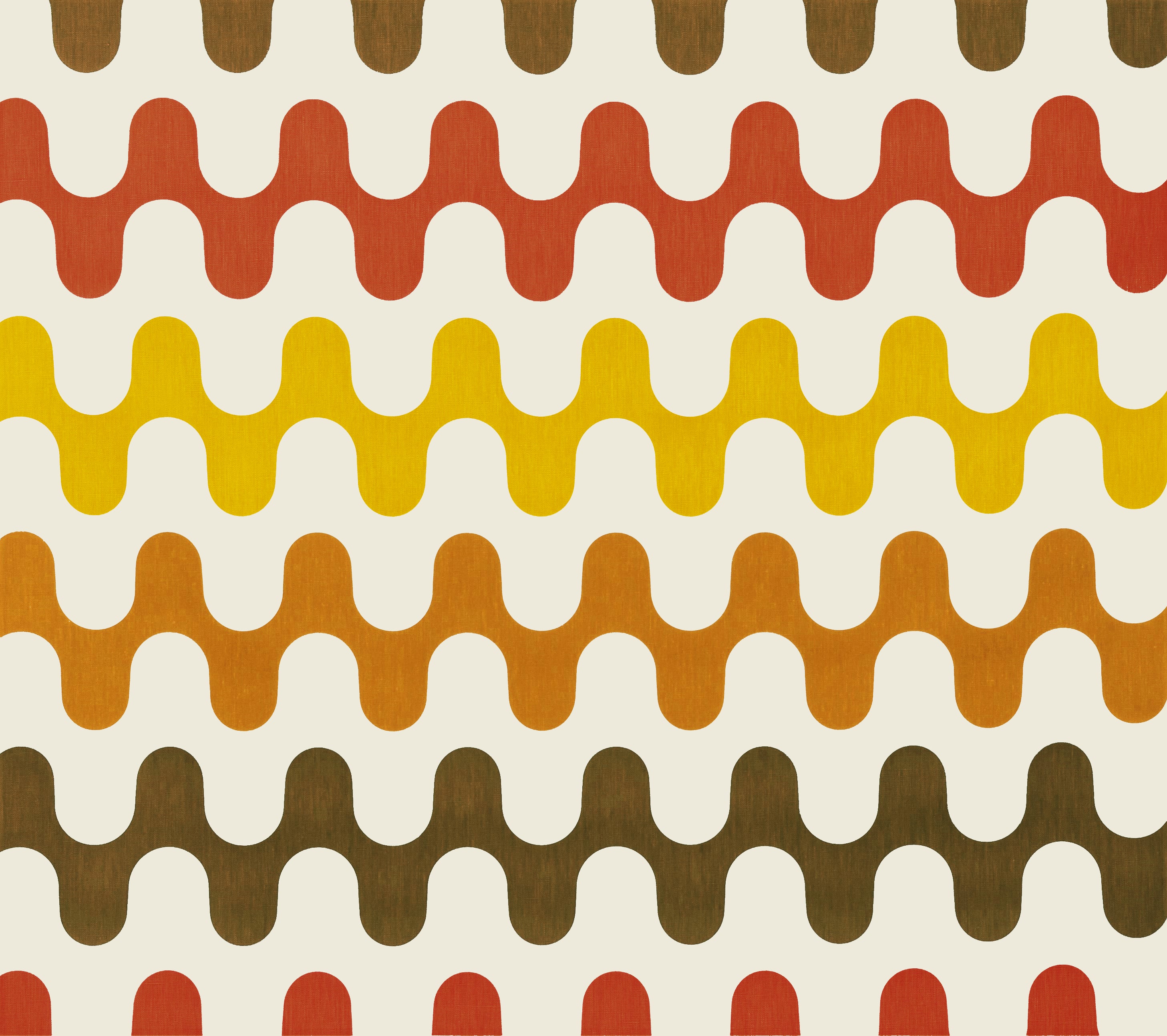 Detail of fabric in a playful curving stripe print in shades of red, yellow and orange on a white field.