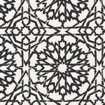 Detail of wallpaper in a small-scale lattice print in black on a cream field.