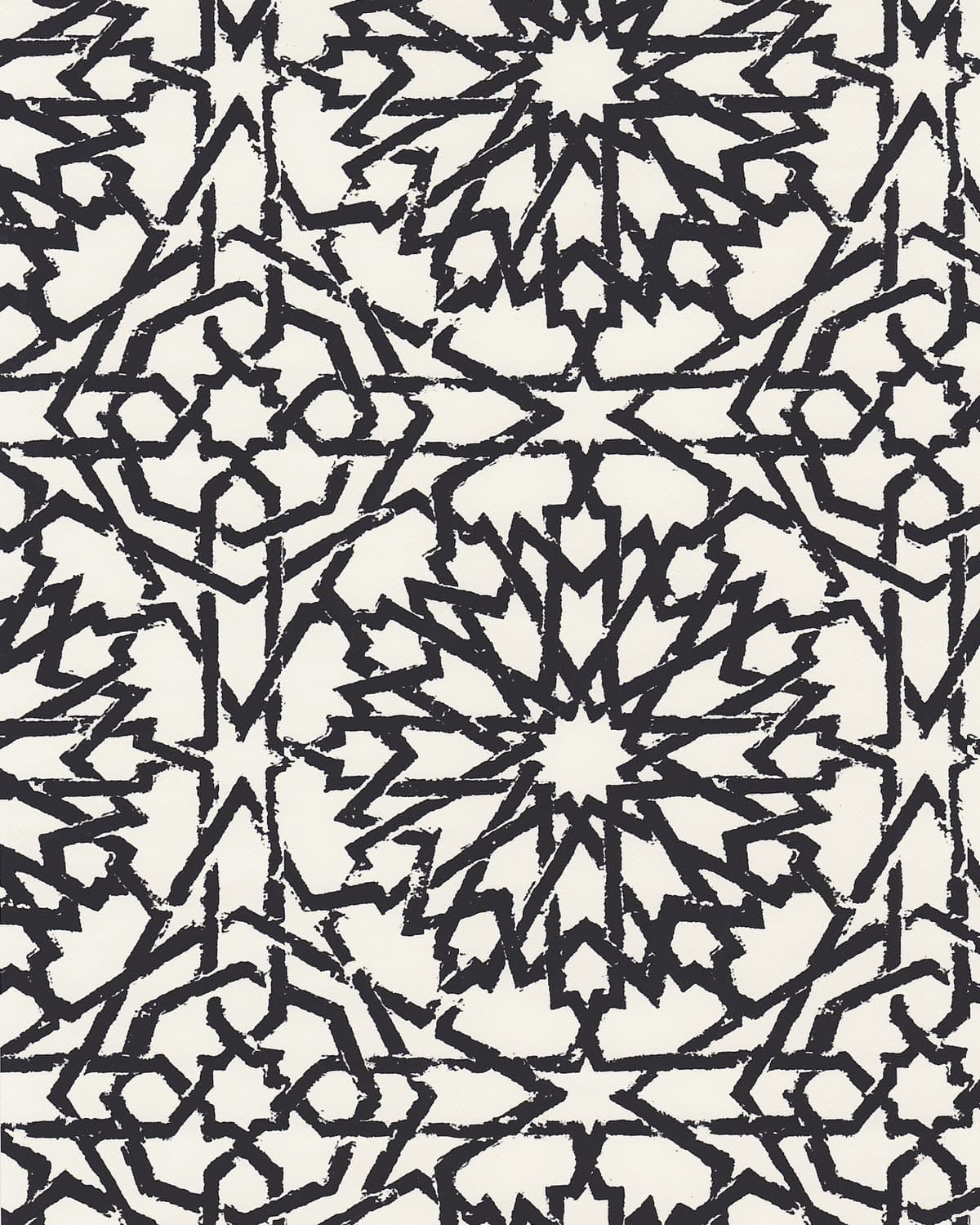 Detail of wallpaper in a small-scale lattice print in black on a cream field.