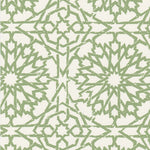 Detail of wallpaper in a small-scale lattice print in green on a cream field.