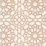 Detail of wallpaper in a small-scale lattice print in tan on a white field.