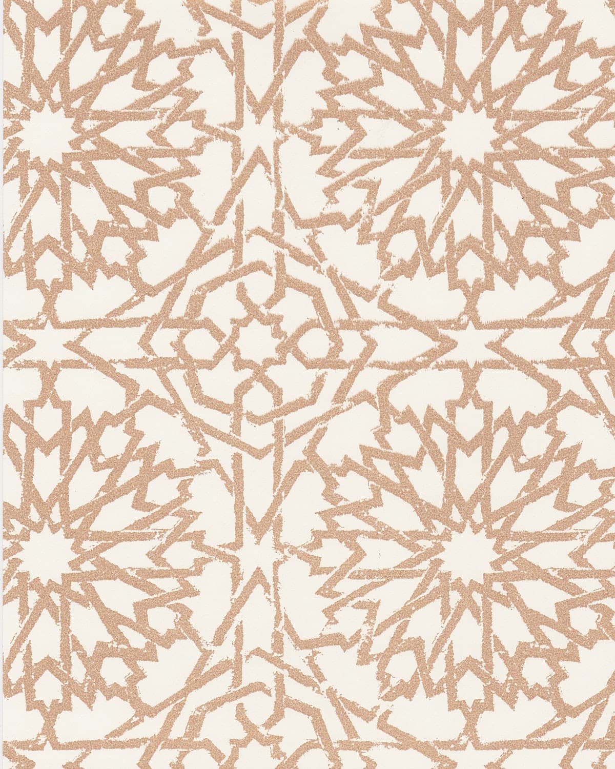 Detail of wallpaper in a small-scale lattice print in tan on a white field.