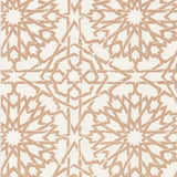 Detail of wallpaper in a small-scale lattice print in tan on a white field.