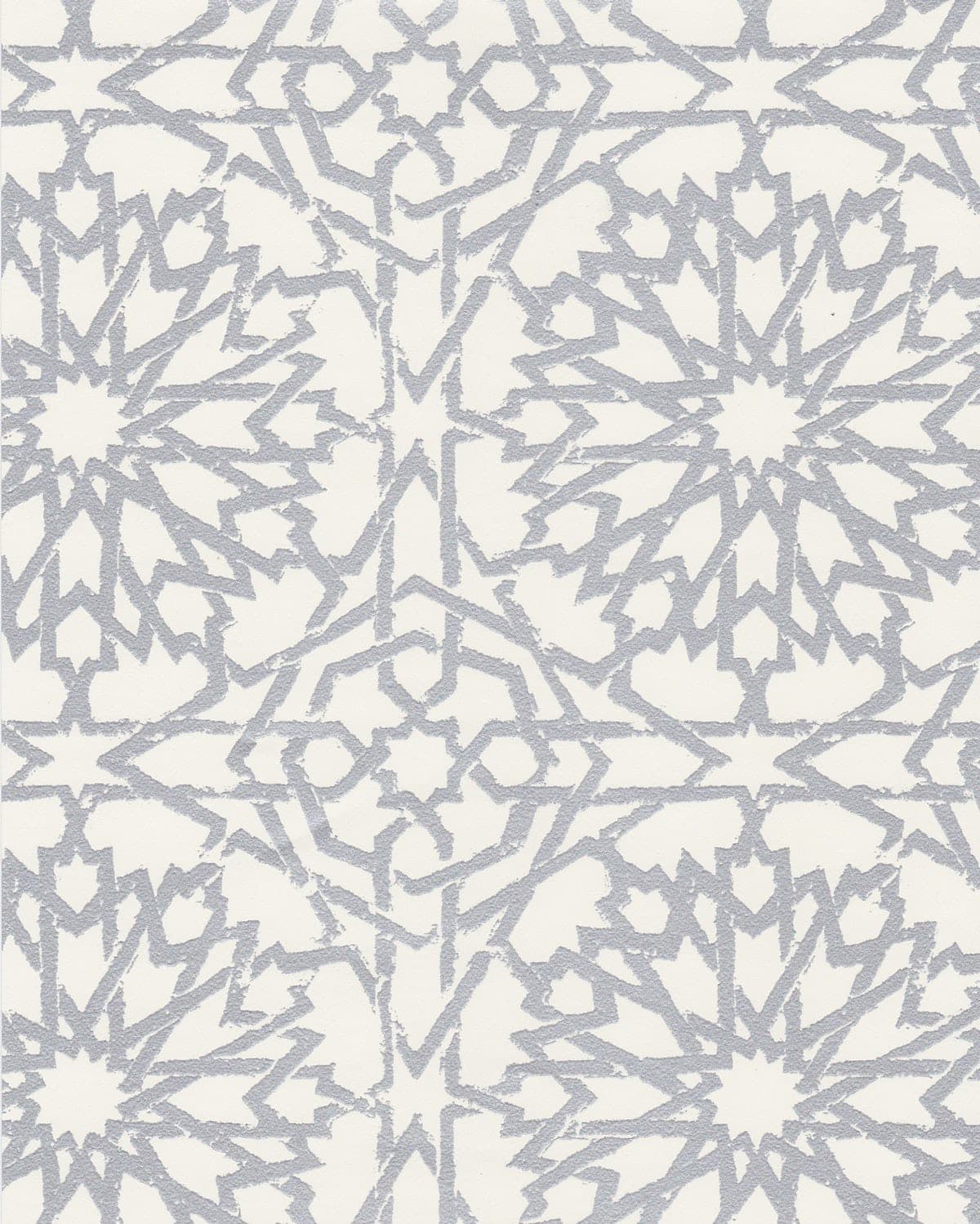 Detail of wallpaper in a small-scale lattice print in metallic gray on a white field.