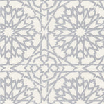 Detail of wallpaper in a small-scale lattice print in metallic gray on a white field.