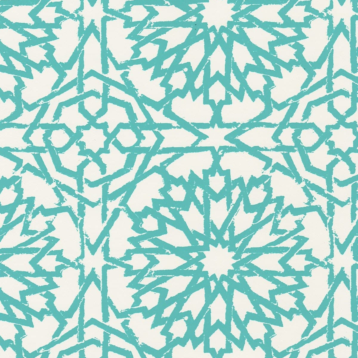 Detail of wallpaper in a small-scale lattice print in turquoise on a cream field.