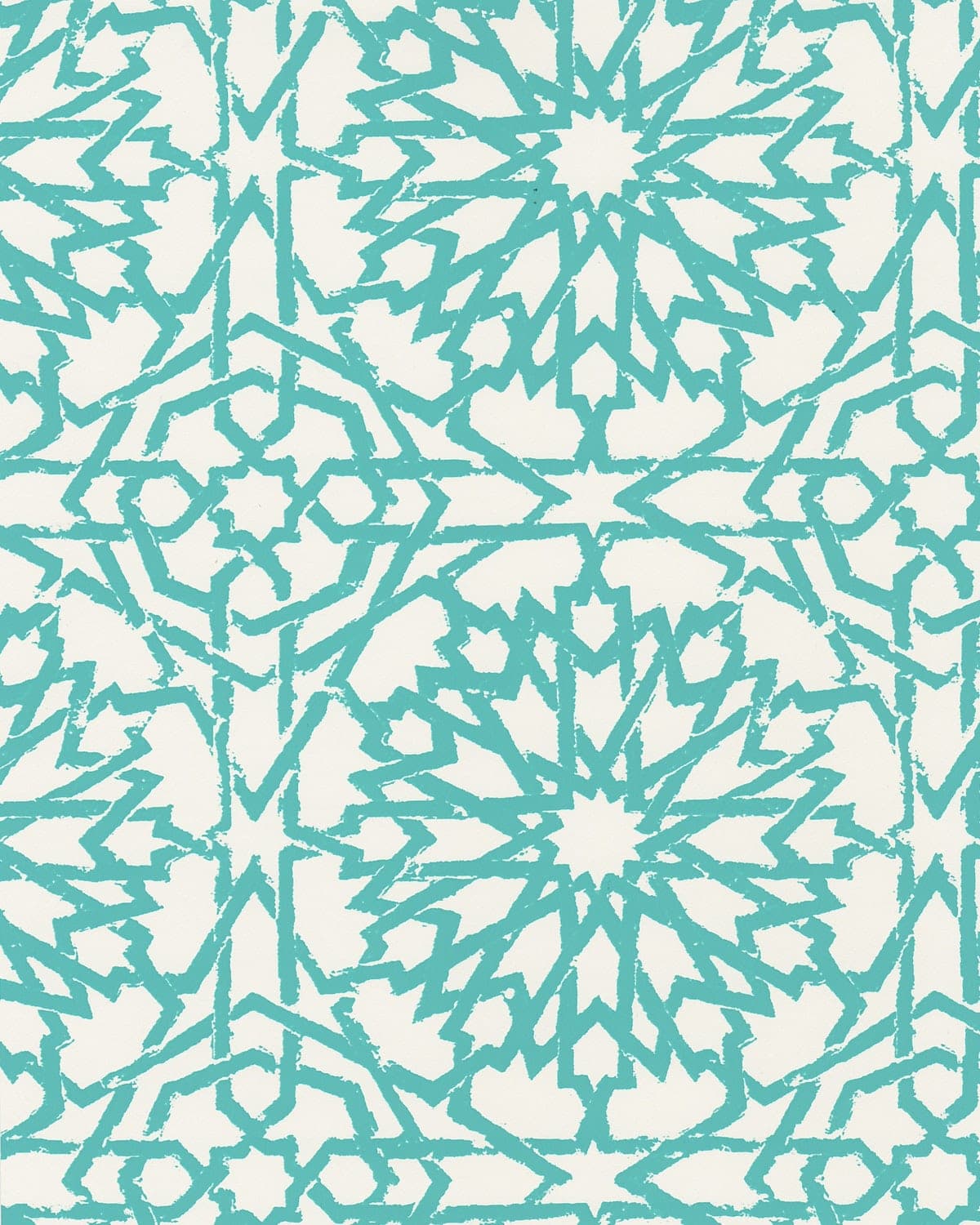 Detail of wallpaper in a small-scale lattice print in turquoise on a cream field.