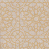 Detail of fabric in a small-scale lattice print in yellow on a cream field.