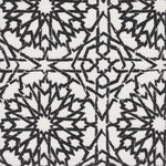 Detail of fabric in a small-scale lattice print in black on a white field.