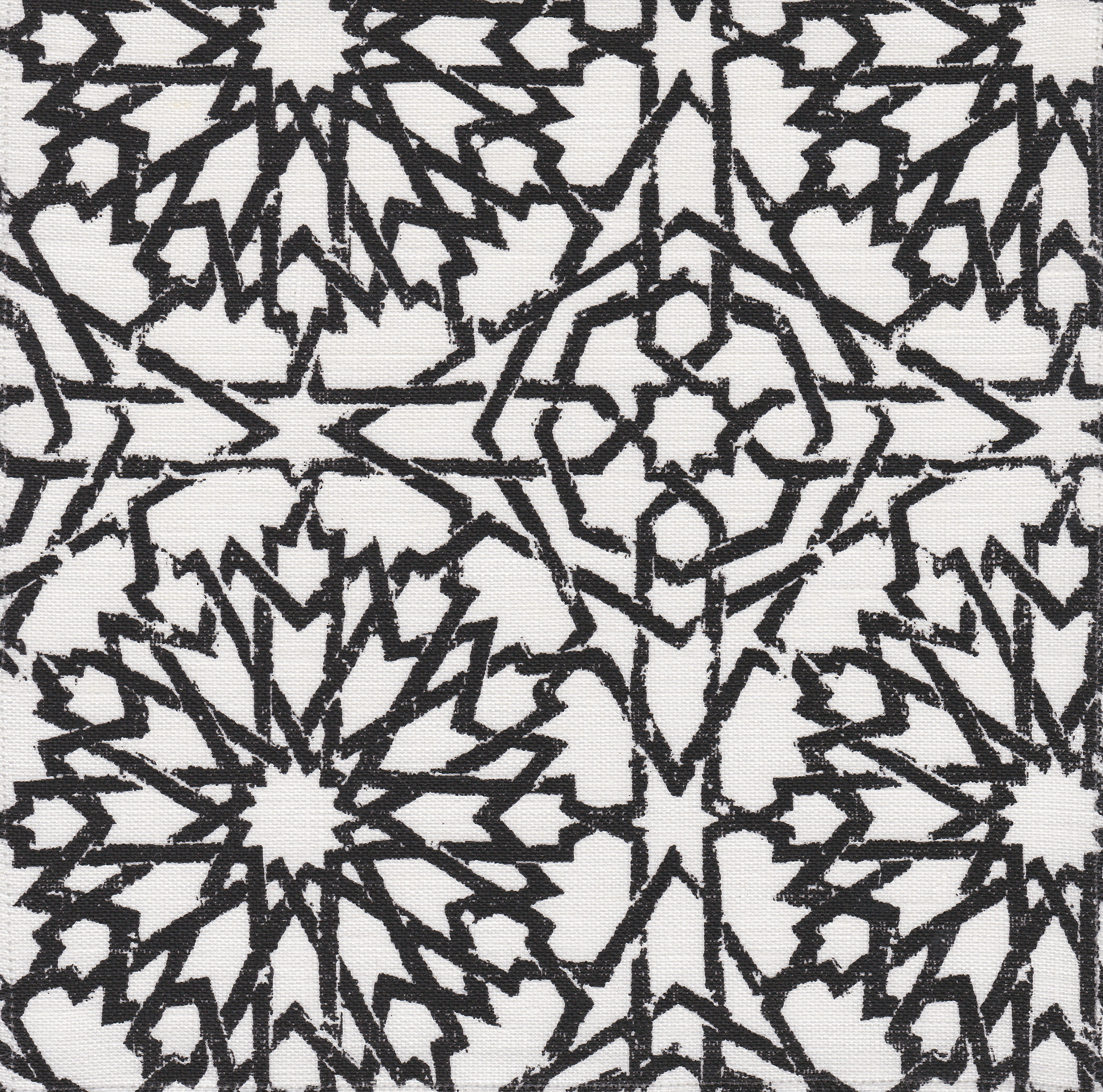 Detail of fabric in a small-scale lattice print in black on a white field.