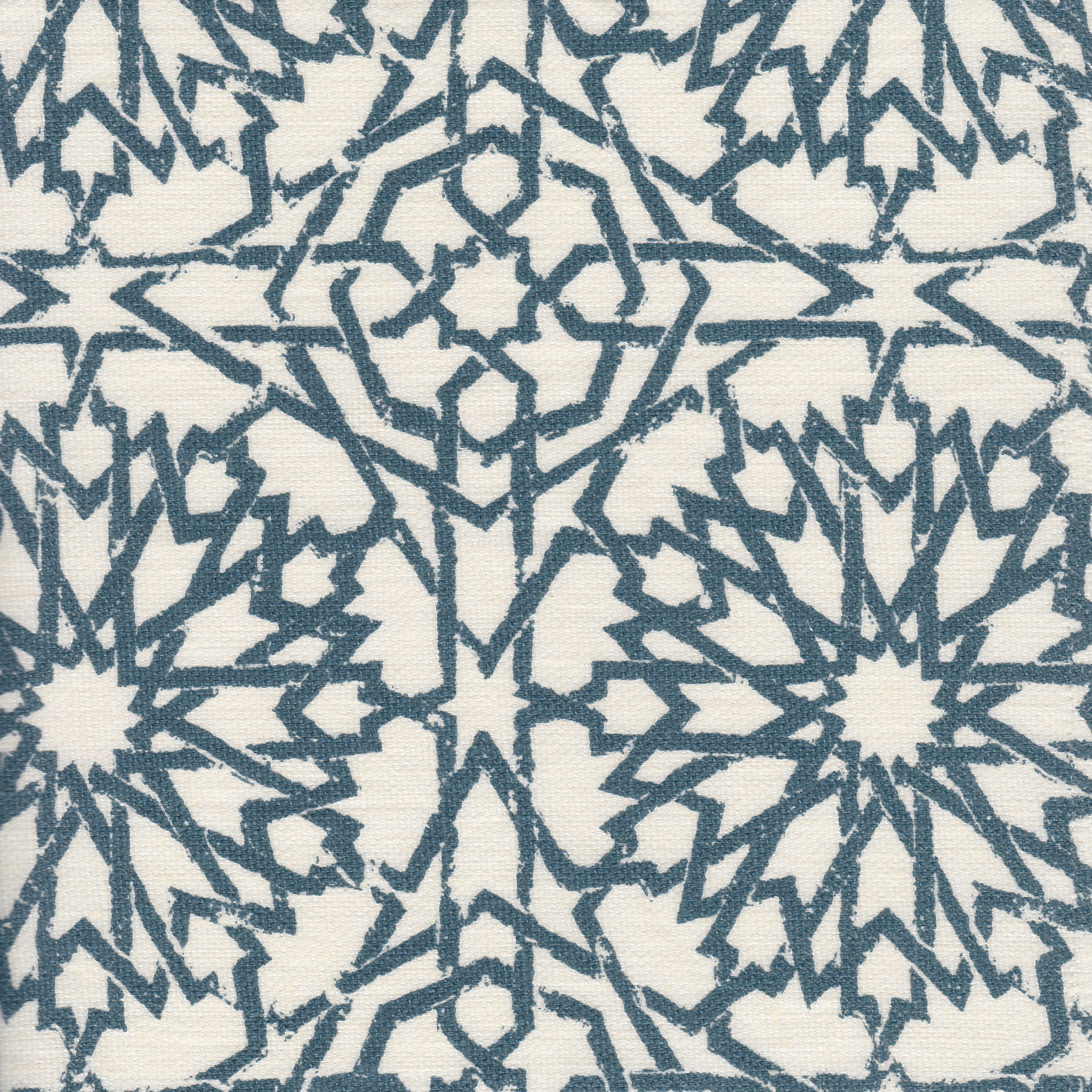 Detail of fabric in a small-scale lattice print in navy on a white field.