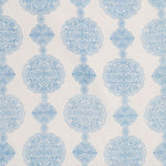 Detail of fabric in a paisley medallion print in light blue on a cream field.