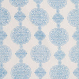 Detail of fabric in a paisley medallion print in light blue on a cream field.