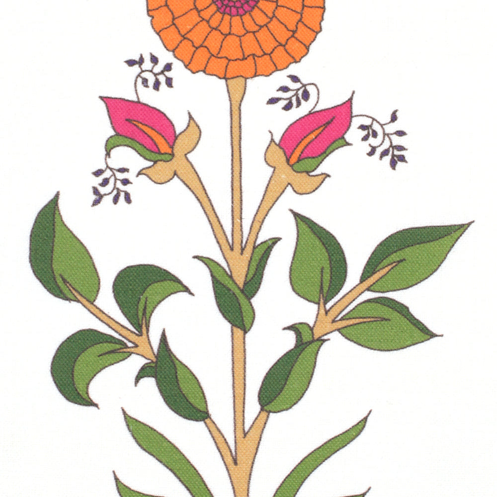 Detail of fabric in a large-scale marigold print in orange, pink and green on a white field.