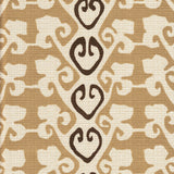 Detail of fabric in a minimalist botanical stripe in shades of brown on a cream field.