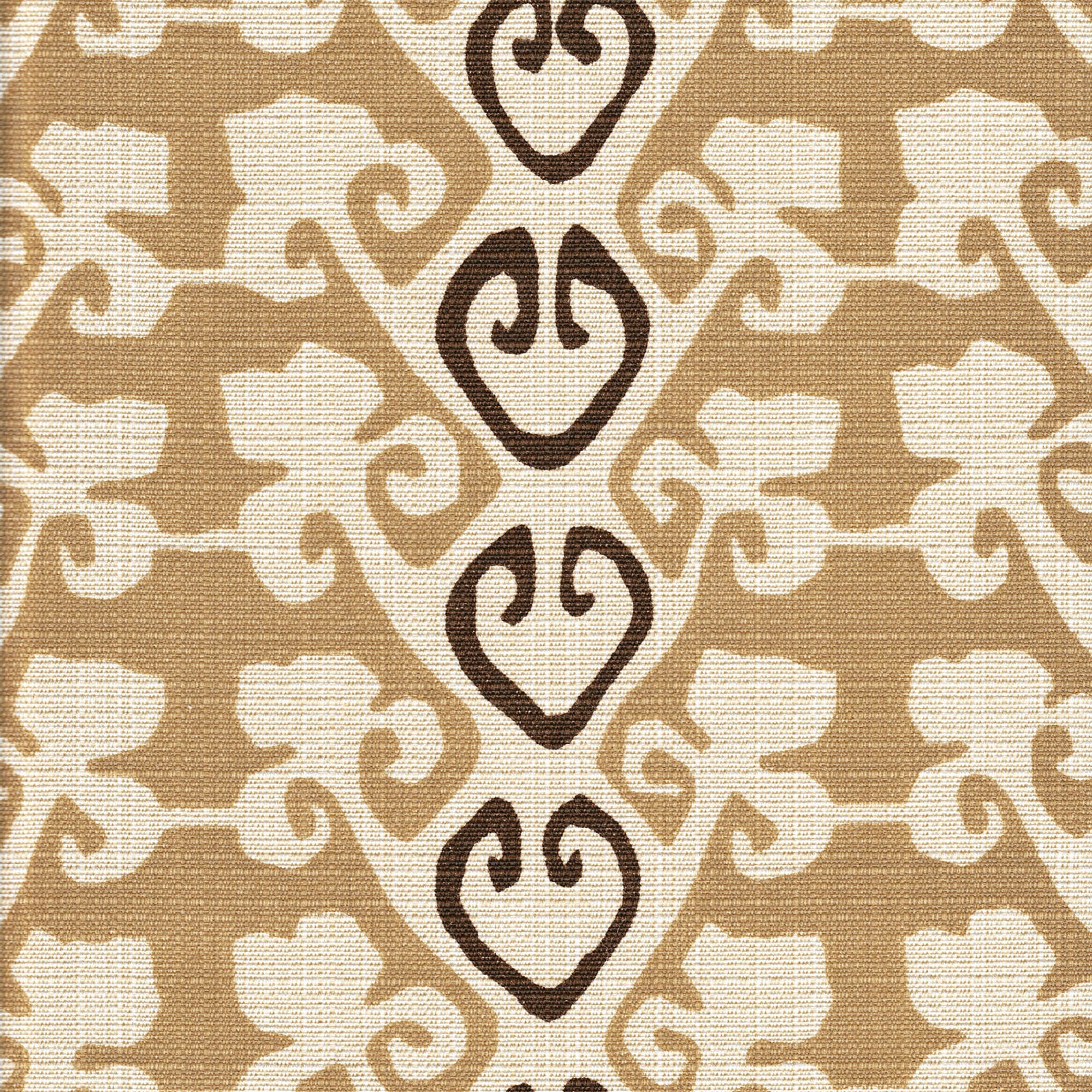 Detail of fabric in a minimalist botanical stripe in shades of brown on a cream field.