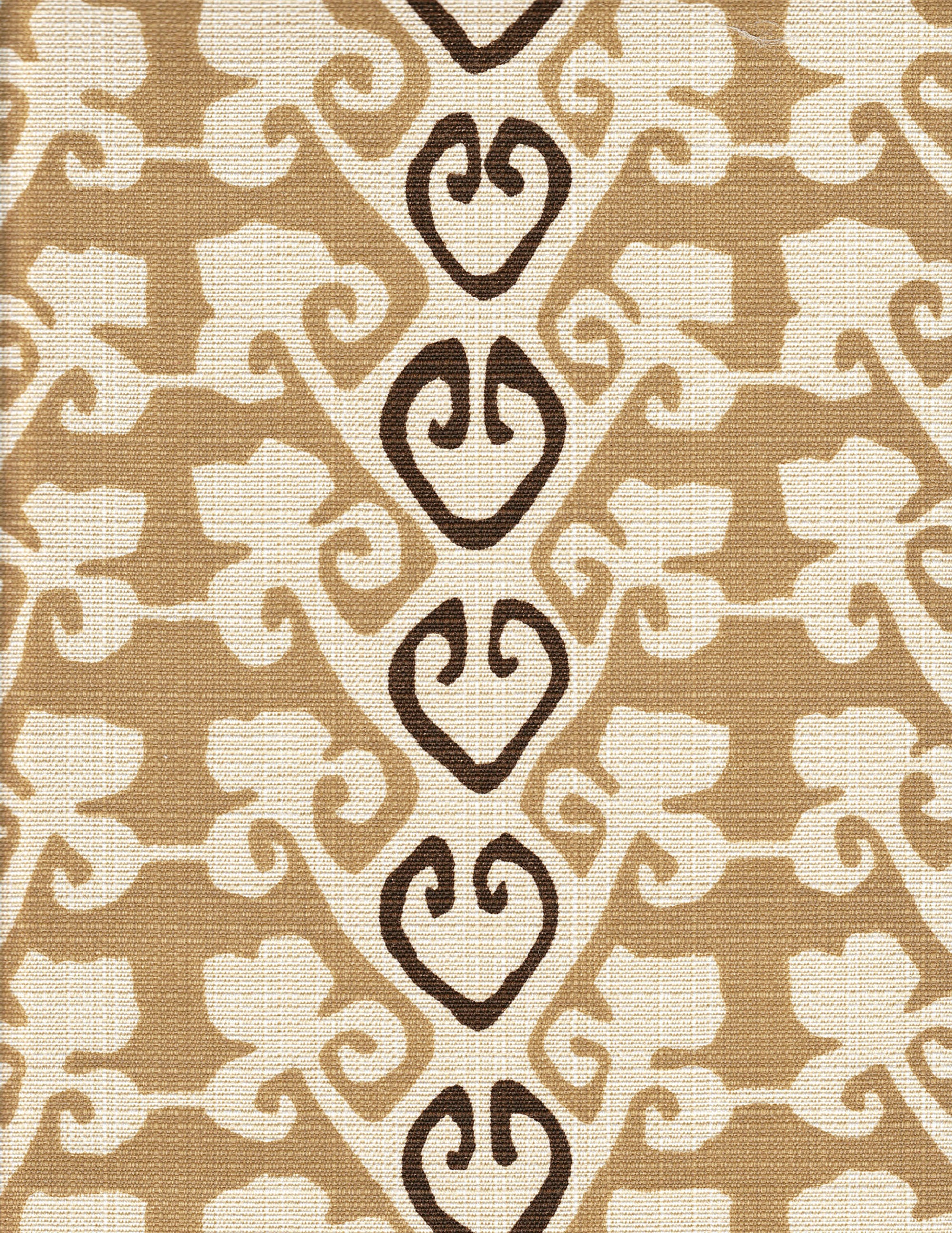 Detail of fabric in a minimalist botanical stripe in shades of brown on a cream field.