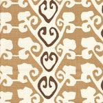 Detail of fabric in a minimalist botanical stripe in shades of brown on a cream field.