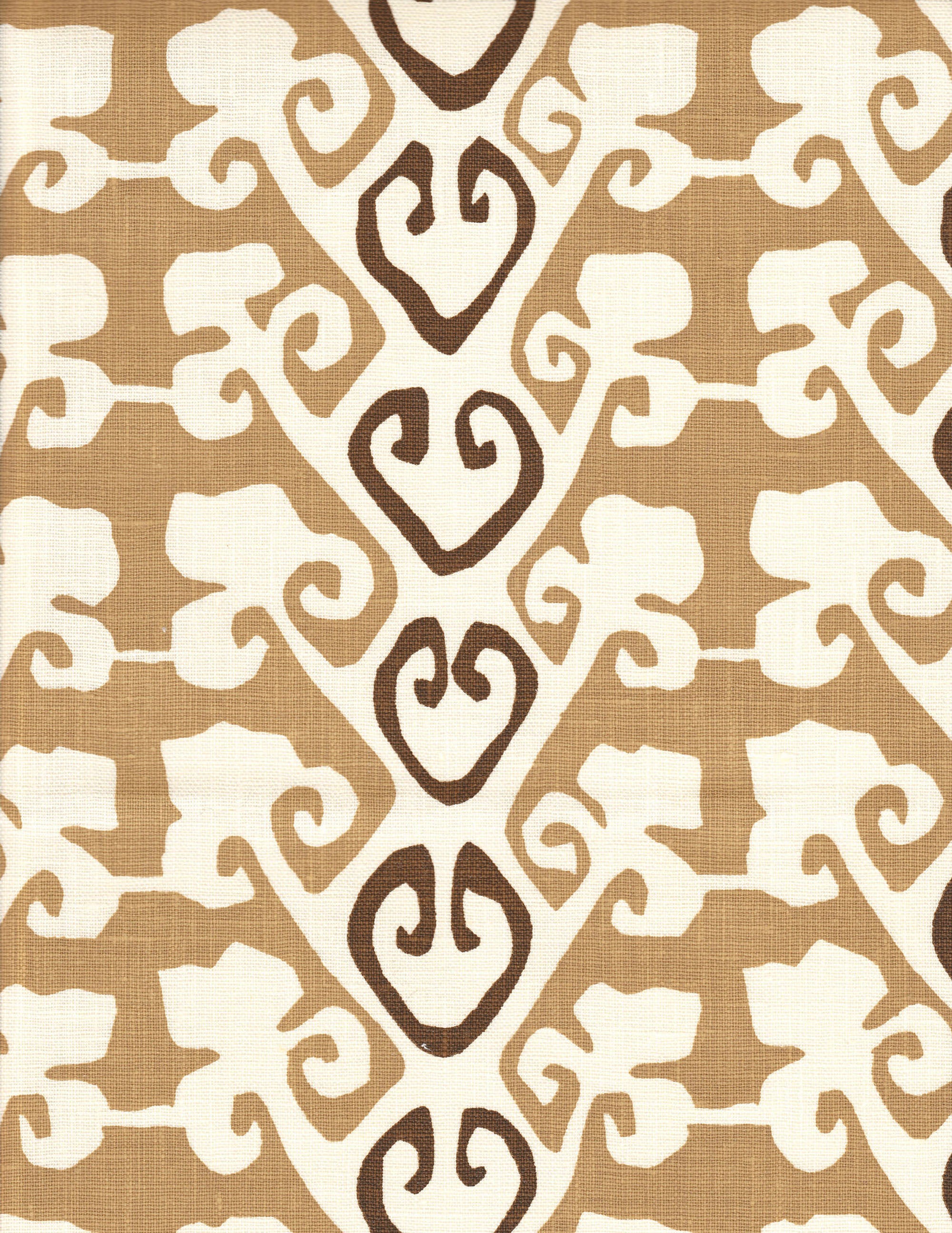 Detail of fabric in a minimalist botanical stripe in shades of brown on a cream field.