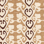 Detail of fabric in a minimalist botanical stripe in shades of brown on a cream field.