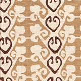 Detail of fabric in a minimalist botanical stripe in shades of brown on a cream field.