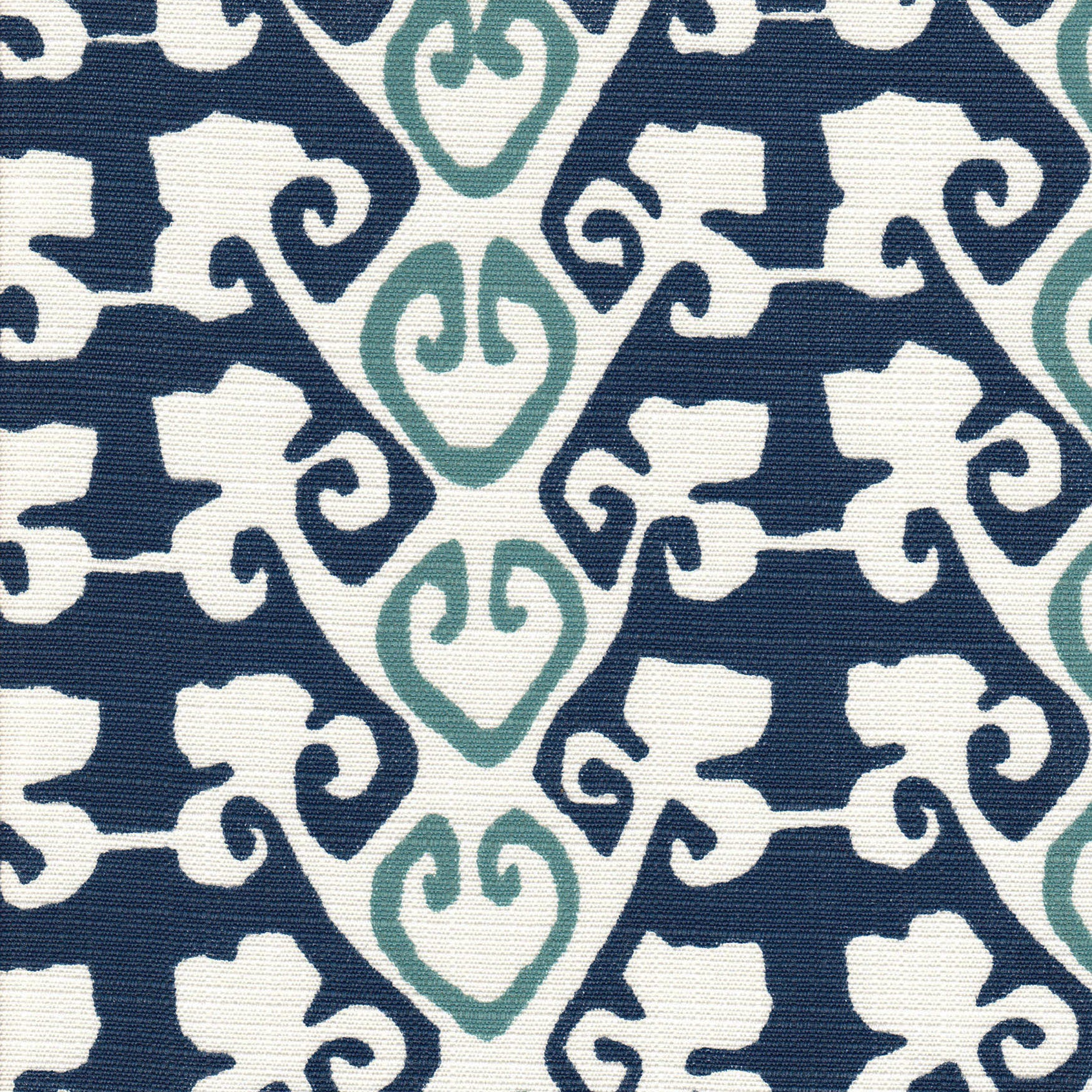 Detail of fabric in a minimalist botanical stripe in navy and blue on a white field.