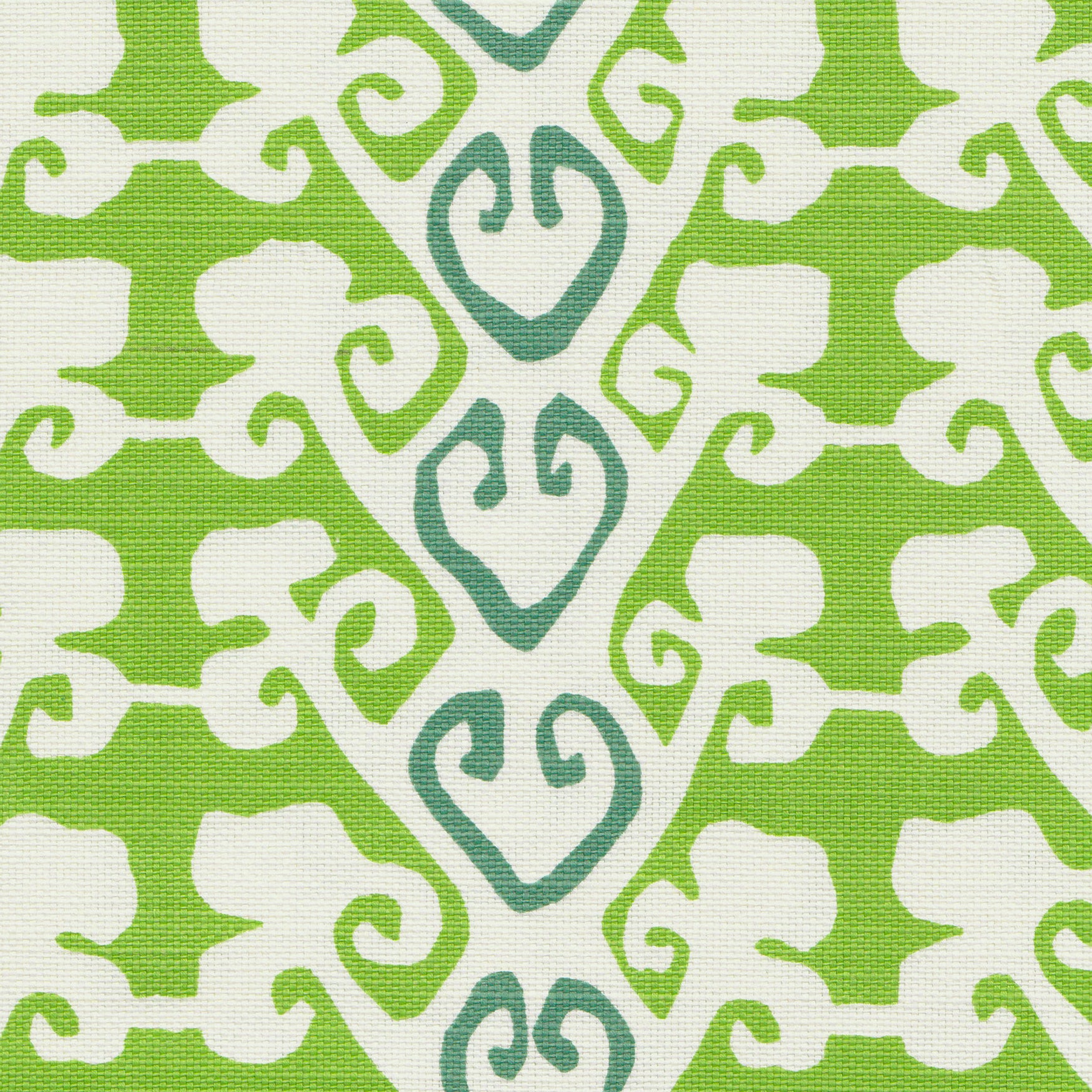 Detail of fabric in a minimalist botanical stripe in green and blue on a white field.