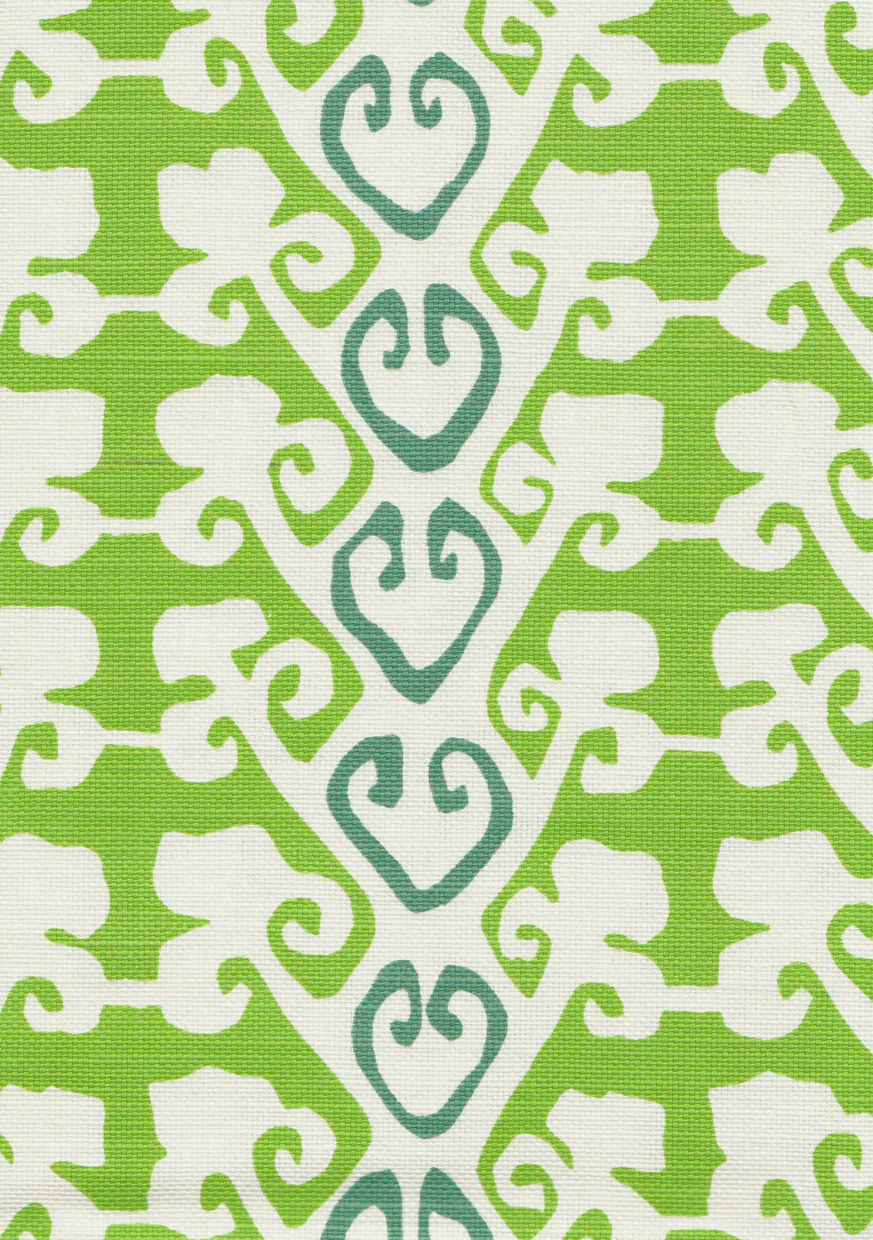 Detail of fabric in a minimalist botanical stripe in green and blue on a white field.