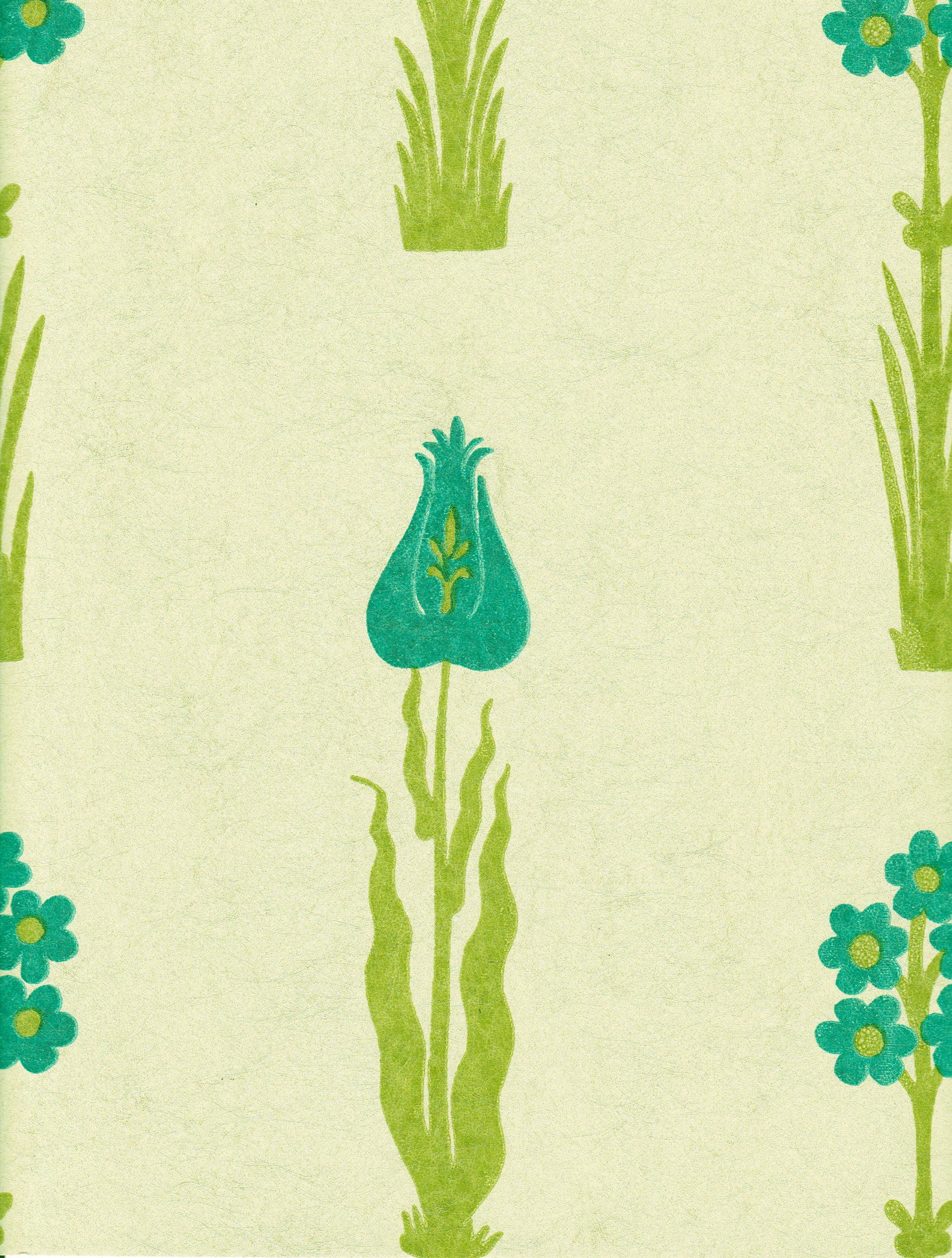 Detail of wallpaper in a playful floral print in green and turquoise on a cream field.