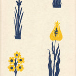 Detail of wallpaper in a playful floral print in navy and yellow on a cream field.