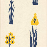 Detail of wallpaper in a playful floral print in navy and yellow on a cream field.